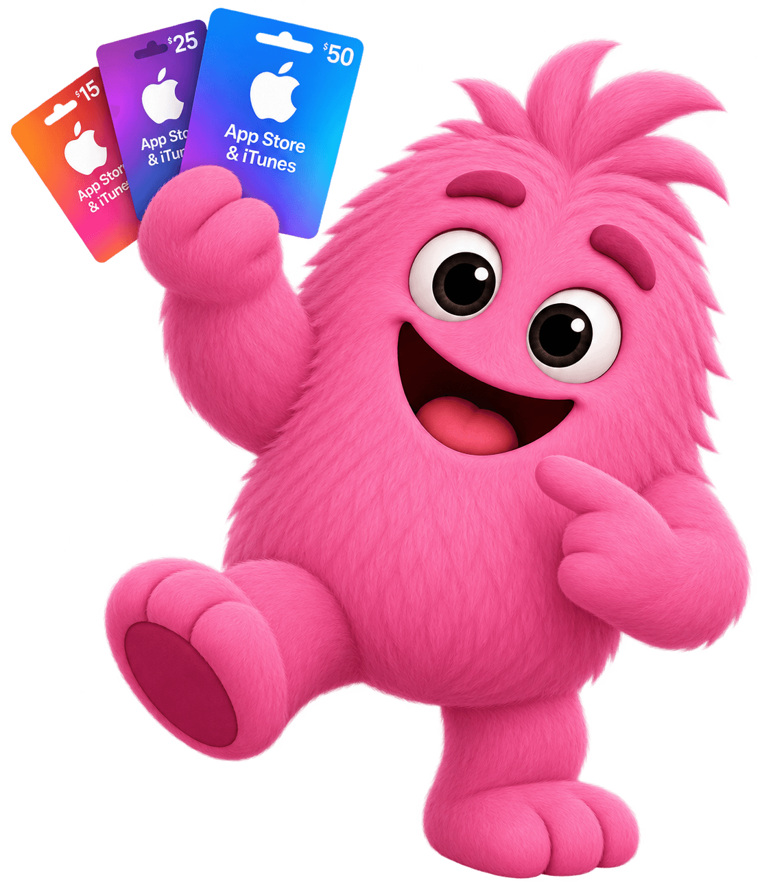 Winnly mascot holding a fan of free App Store & iTunes gift cards