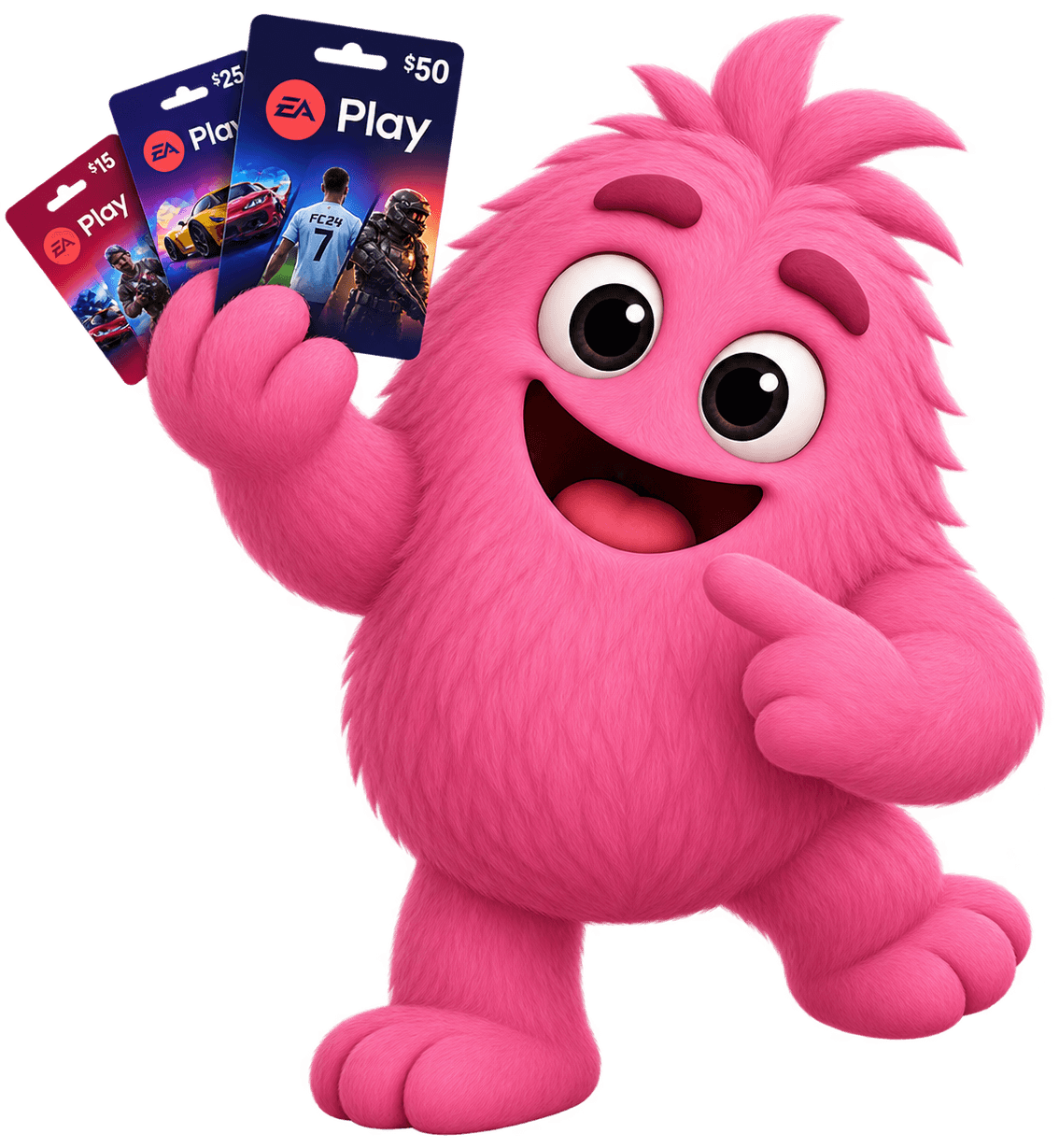 Winnly mascot holding a fan of free EA Play gift cards