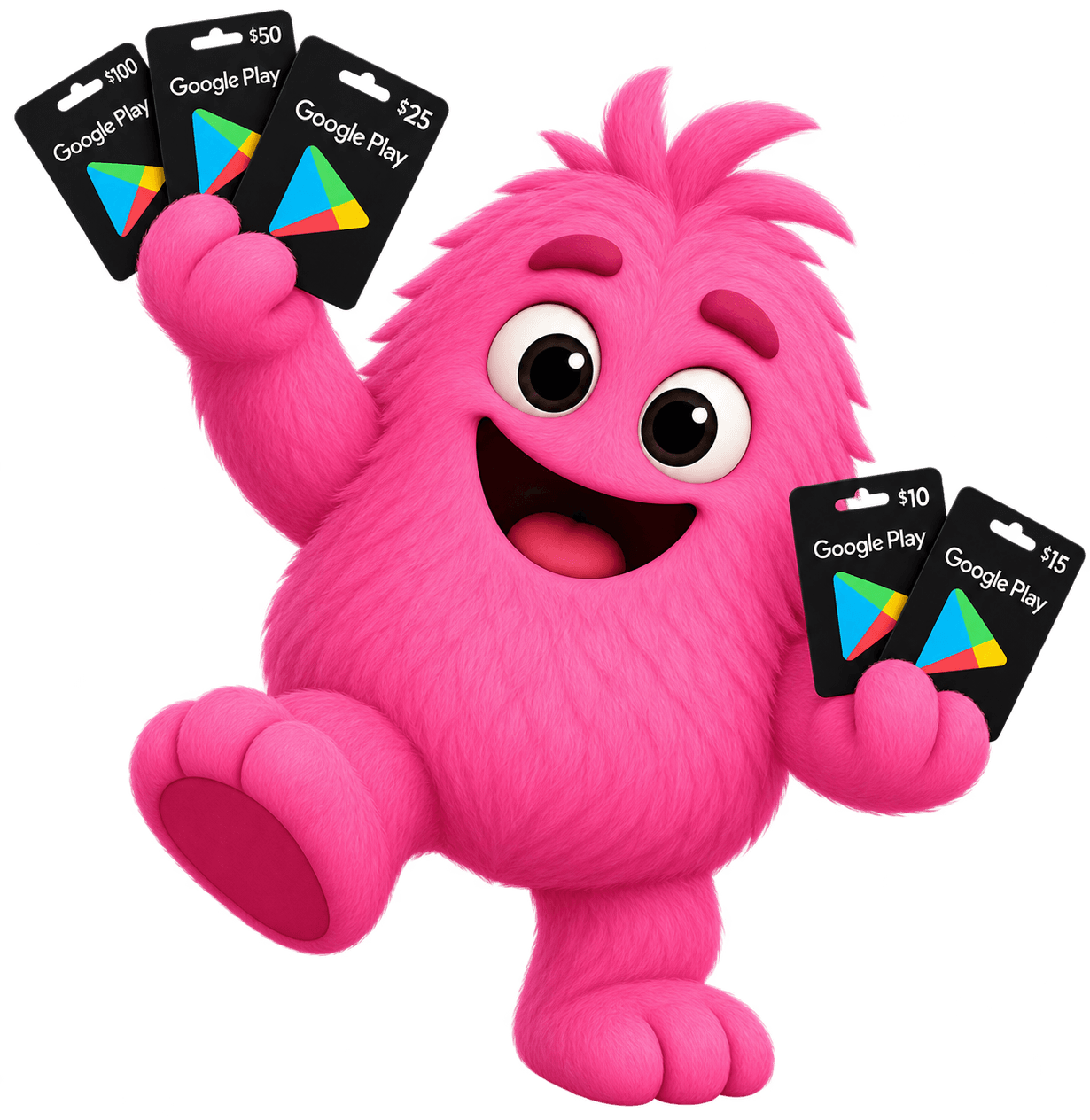 Winnly mascot holding a fan of free Google Play gift cards