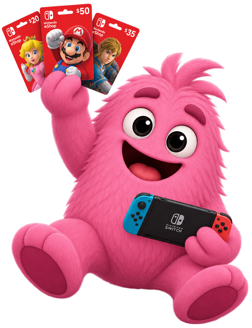 Winnly mascot holding a Nintendo Switch and free Nintendo eShop gift cards
