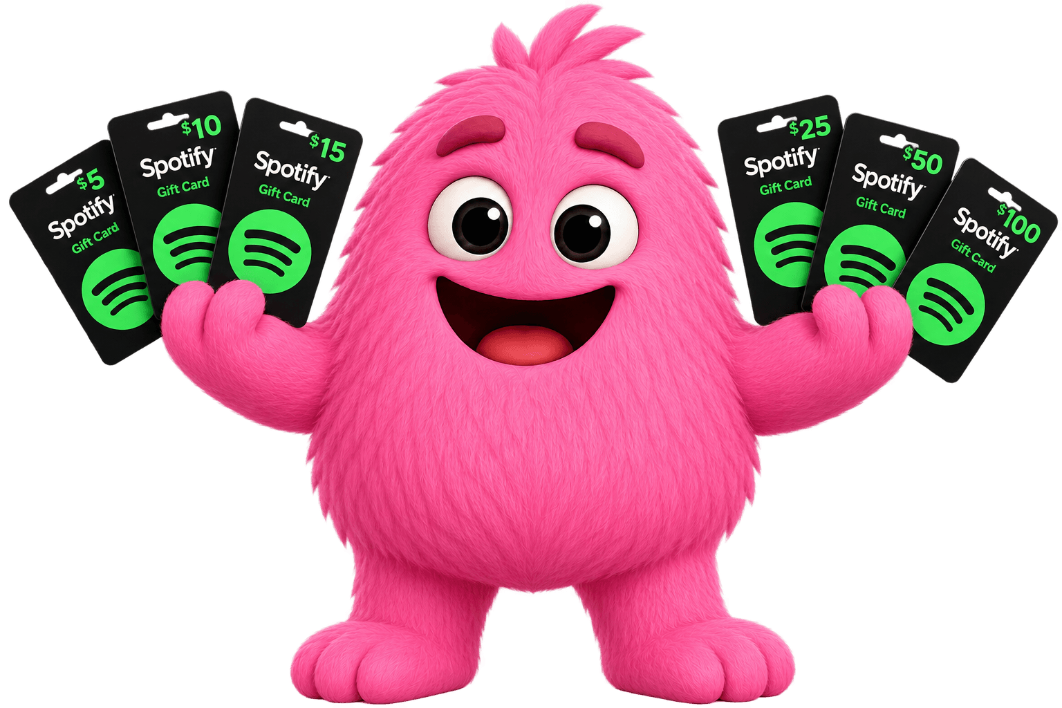 Winnly mascot holding a fan of free Spotify gift cards
