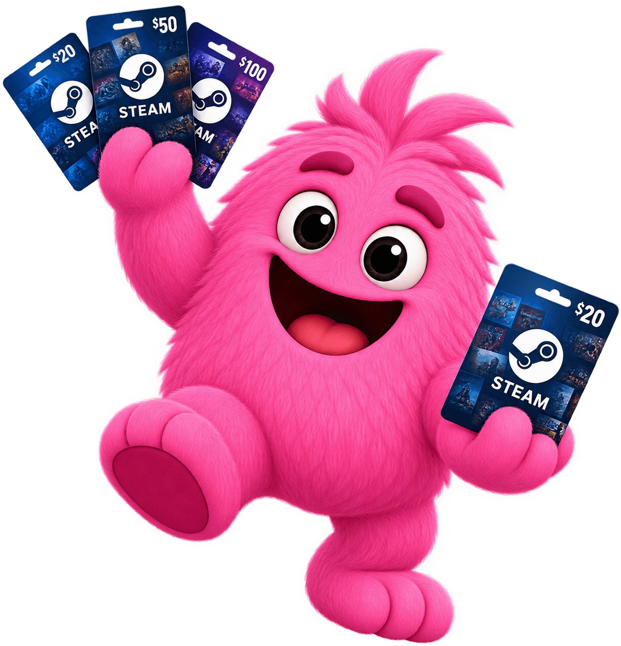 Winnly mascot holding a fan of free Steam gift cards