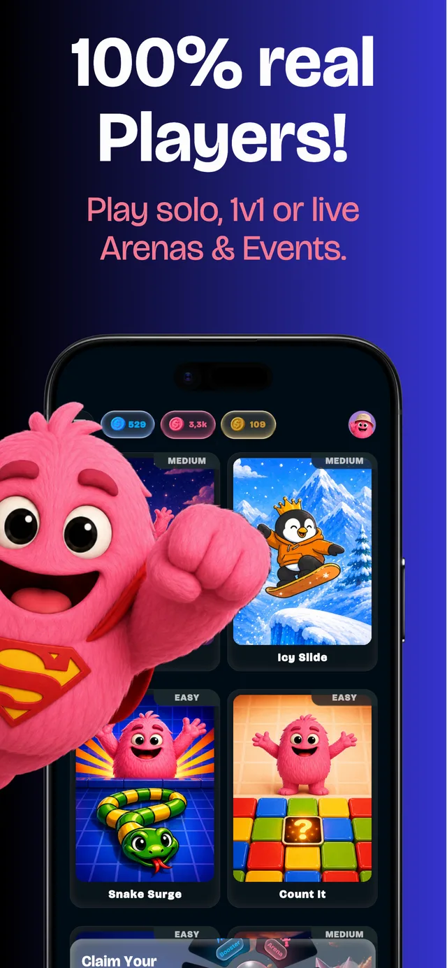Winnly app lobby — mini-game arenas against 100% real players, solo, 1v1 or live events