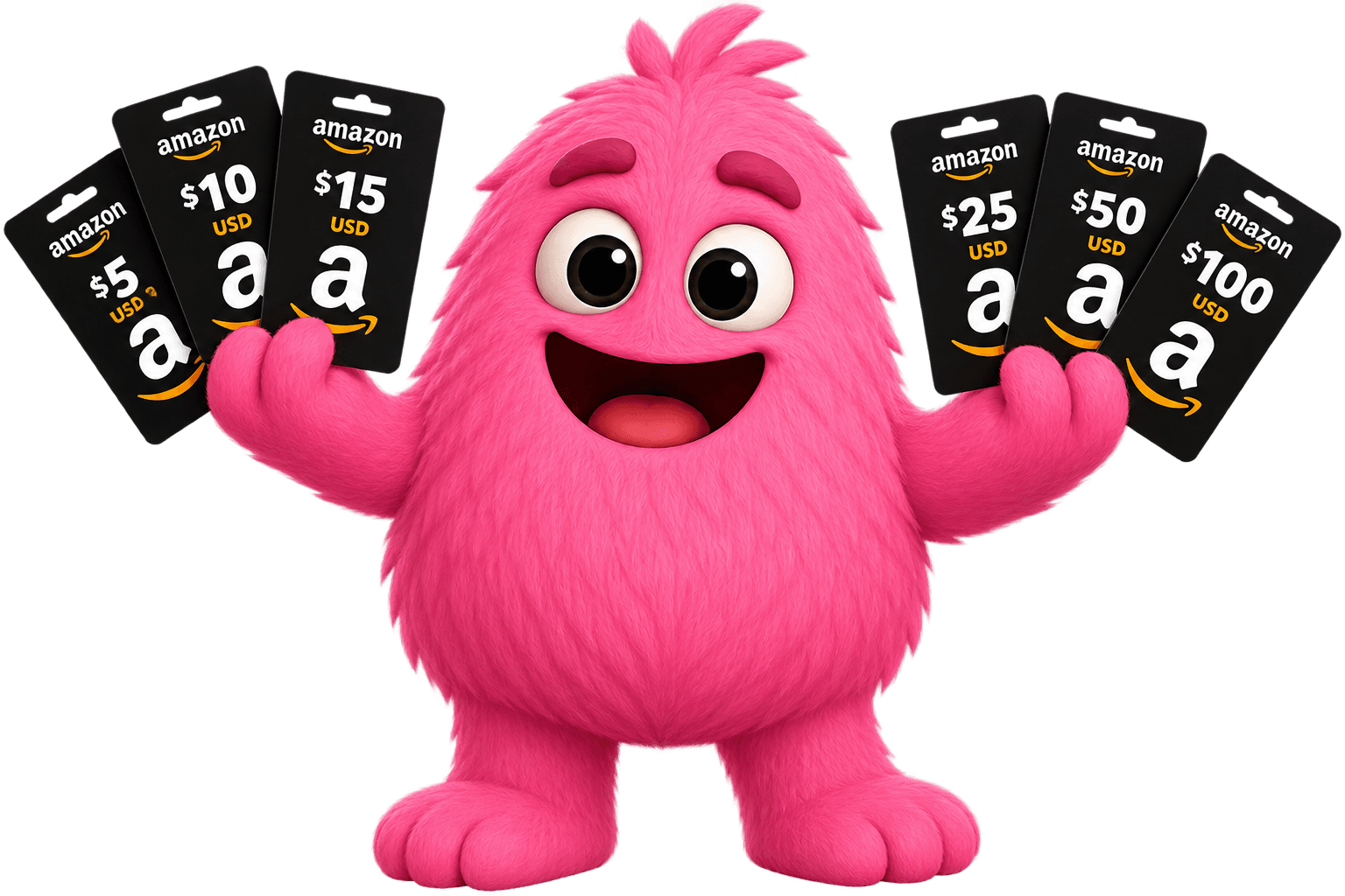 Winnly mascot holding a fan of free Amazon gift cards