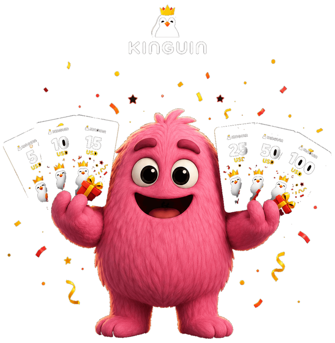 Winnly mascot holding a fan of free Kinguin gift cards