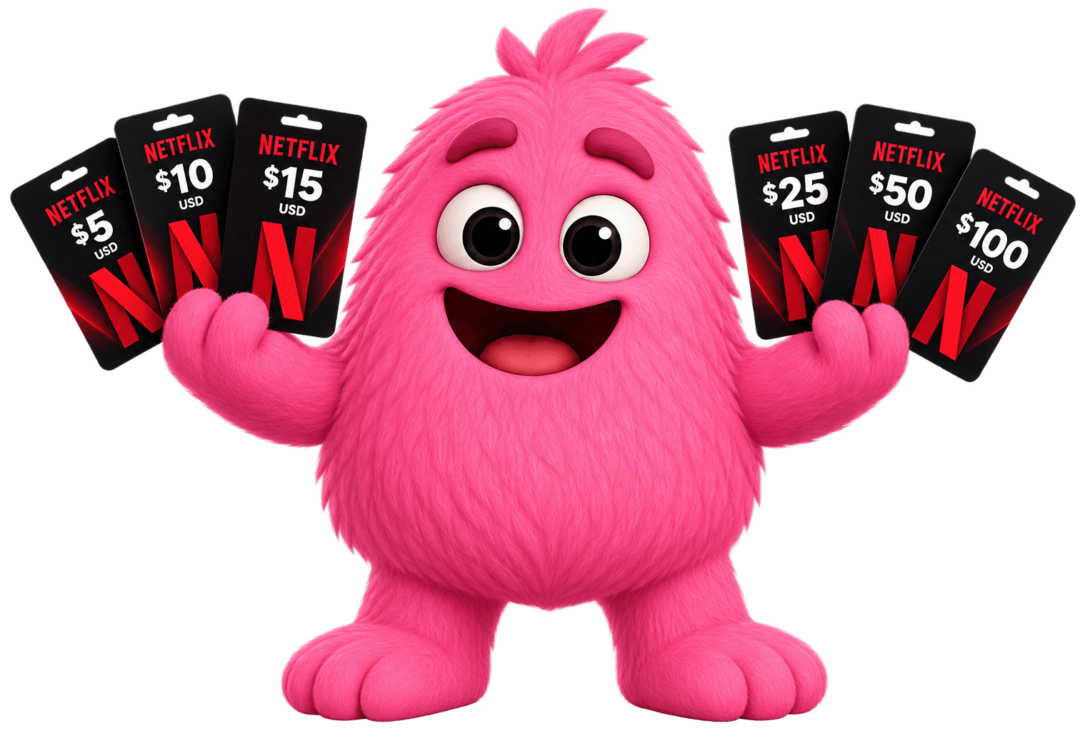 Winnly mascot holding a fan of free Netflix gift cards