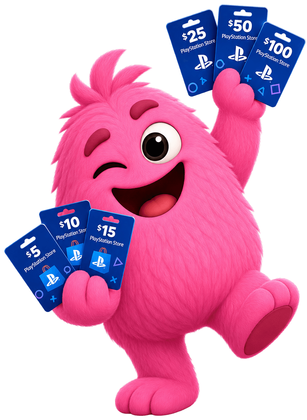 Winnly mascot holding a fan of free PlayStation Store gift cards